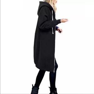 BLACK Long Maxi Fleece Lined Zip Up Hooded Sweater